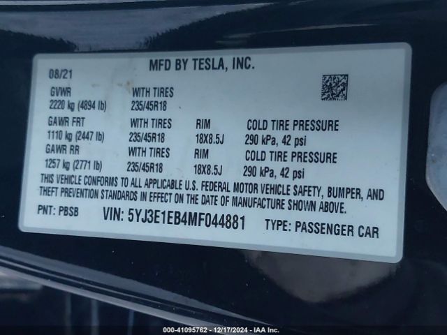 Photo 8 VIN: 5YJ3E1EB4MF044881 - TESLA MODEL 3 