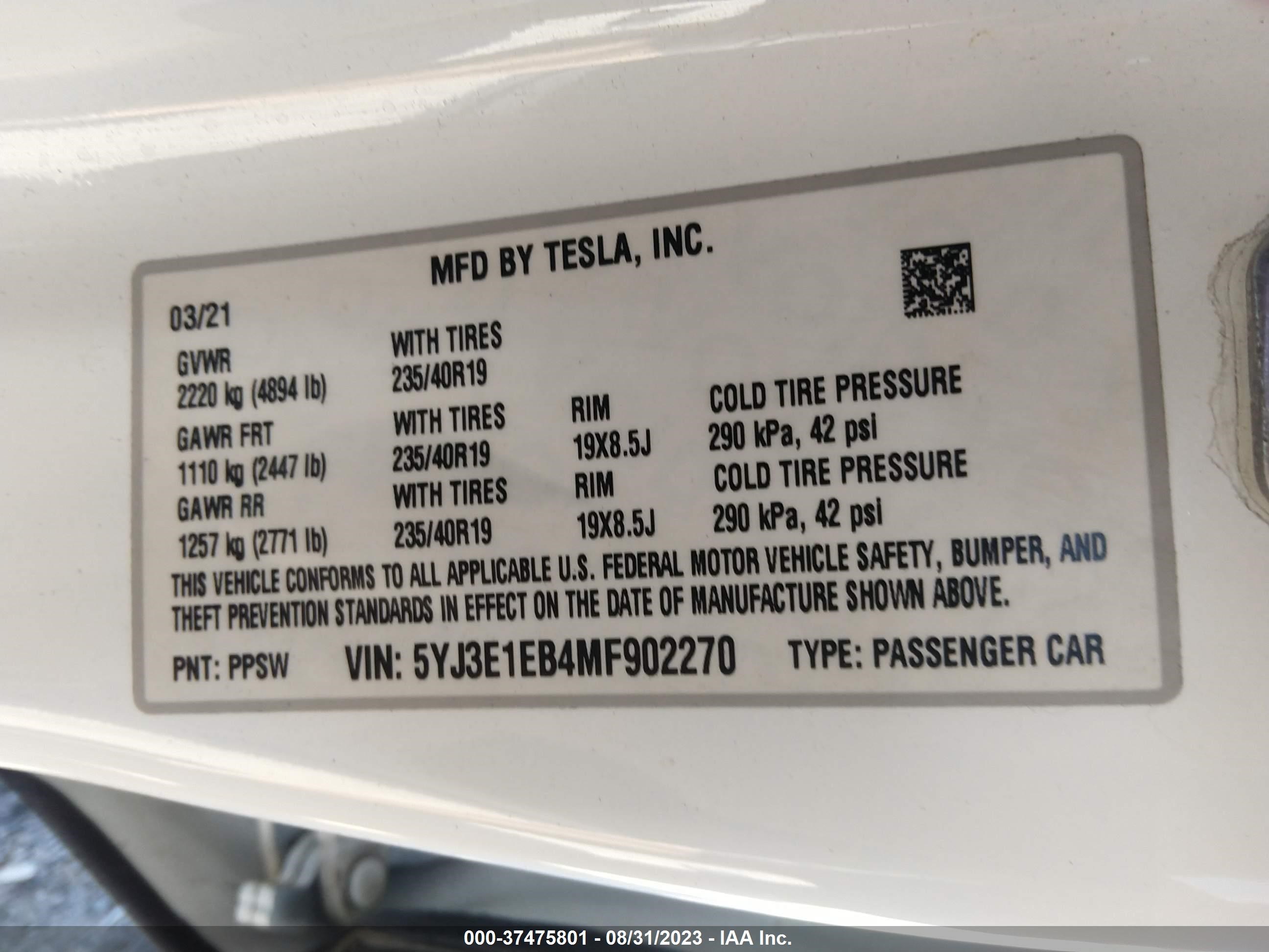 Photo 8 VIN: 5YJ3E1EB4MF902270 - TESLA MODEL 3 