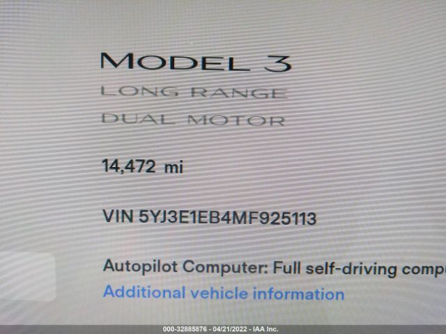 Photo 6 VIN: 5YJ3E1EB4MF925113 - TESLA MODEL 3 