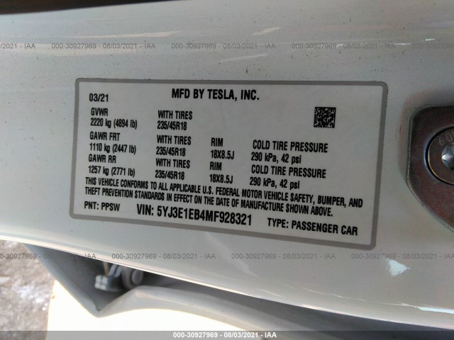 Photo 8 VIN: 5YJ3E1EB4MF928321 - TESLA MODEL 3 