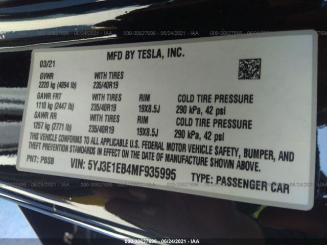 Photo 8 VIN: 5YJ3E1EB4MF935995 - TESLA MODEL 3 