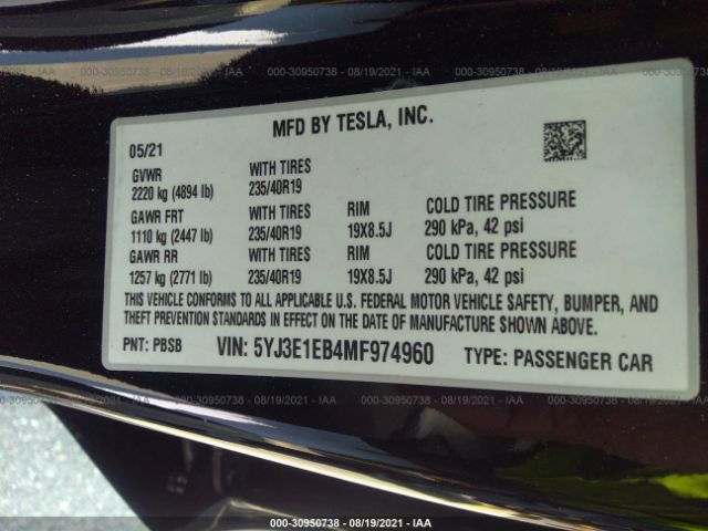 Photo 8 VIN: 5YJ3E1EB4MF974960 - TESLA MODEL 3 