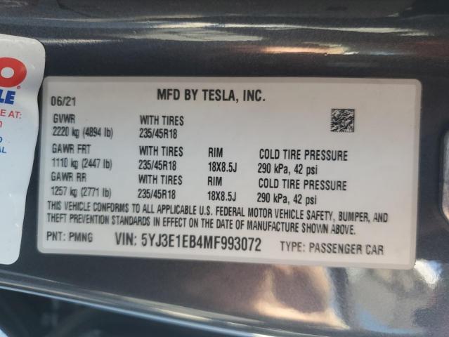 Photo 11 VIN: 5YJ3E1EB4MF993072 - TESLA MODEL 3 