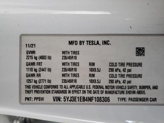 Photo 11 VIN: 5YJ3E1EB4NF108306 - TESLA MODEL 3 