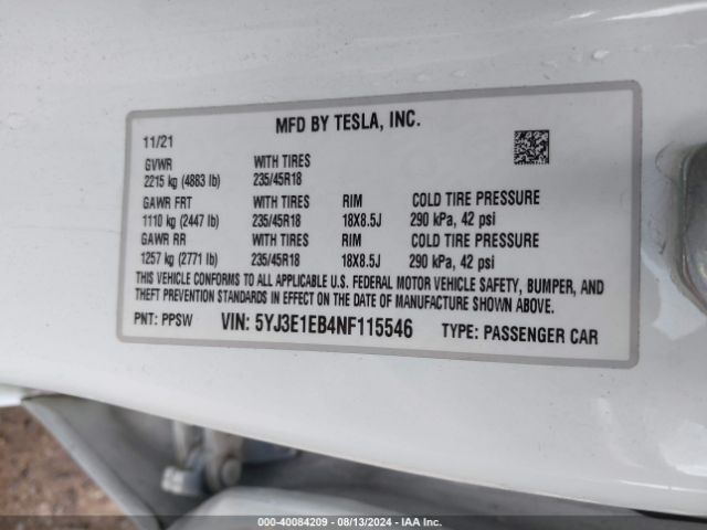 Photo 8 VIN: 5YJ3E1EB4NF115546 - TESLA MODEL 3 