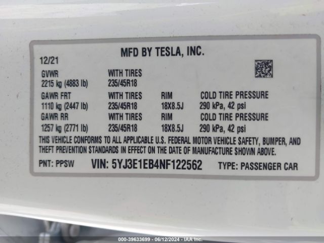 Photo 8 VIN: 5YJ3E1EB4NF122562 - TESLA MODEL 3 