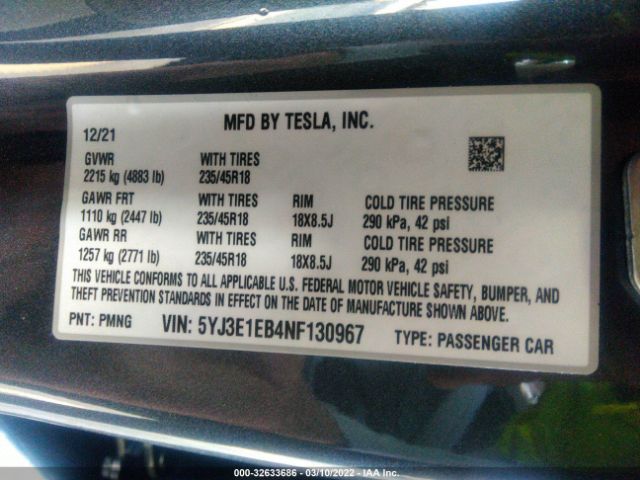 Photo 8 VIN: 5YJ3E1EB4NF130967 - TESLA MODEL 3 