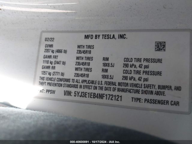 Photo 8 VIN: 5YJ3E1EB4NF172121 - TESLA MODEL 3 