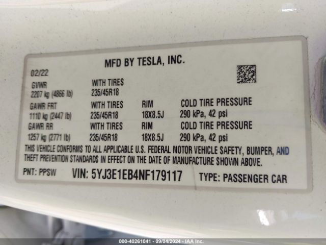 Photo 8 VIN: 5YJ3E1EB4NF179117 - TESLA MODEL 3 