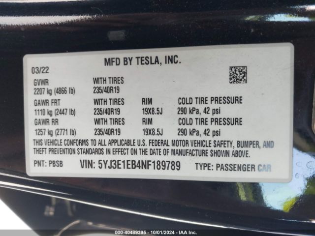 Photo 8 VIN: 5YJ3E1EB4NF189789 - TESLA MODEL 3 