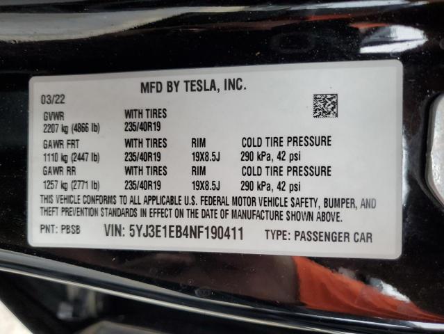 Photo 11 VIN: 5YJ3E1EB4NF190411 - TESLA MODEL 3 