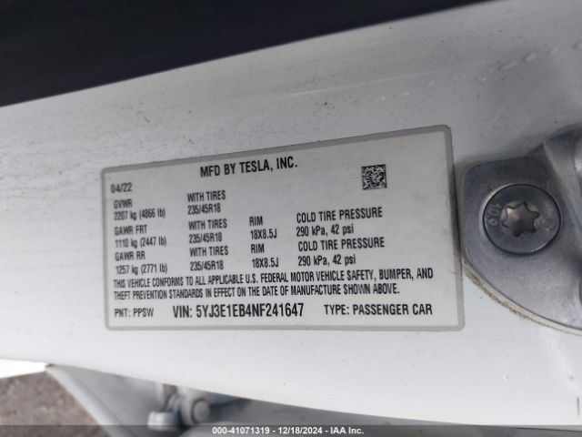 Photo 8 VIN: 5YJ3E1EB4NF241647 - TESLA MODEL 3 