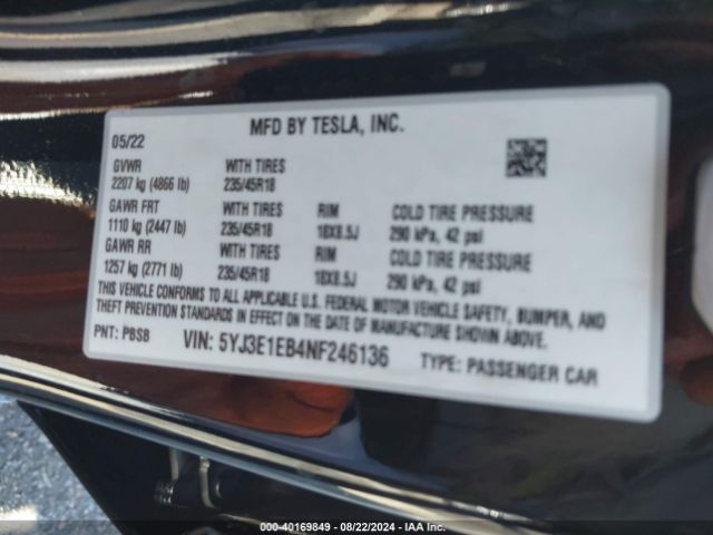 Photo 8 VIN: 5YJ3E1EB4NF246136 - TESLA MODEL 3 