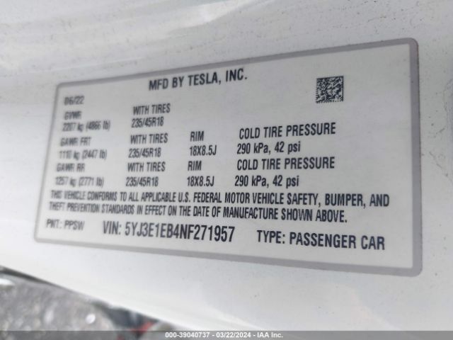 Photo 8 VIN: 5YJ3E1EB4NF271957 - TESLA MODEL 3 