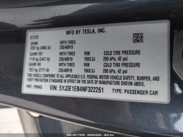 Photo 8 VIN: 5YJ3E1EB4NF322261 - TESLA MODEL 3 