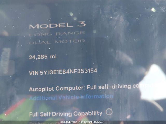 Photo 6 VIN: 5YJ3E1EB4NF353154 - TESLA MODEL 3 