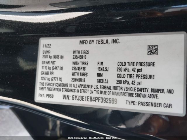 Photo 8 VIN: 5YJ3E1EB4PF392569 - TESLA MODEL 3 