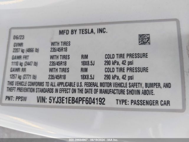 Photo 8 VIN: 5YJ3E1EB4PF604192 - TESLA MODEL 3 