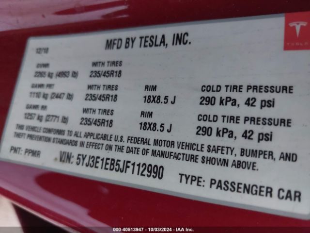 Photo 8 VIN: 5YJ3E1EB5JF112990 - TESLA MODEL 3 