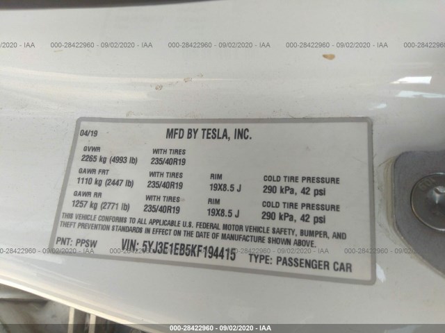 Photo 8 VIN: 5YJ3E1EB5KF194415 - TESLA MODEL 3 