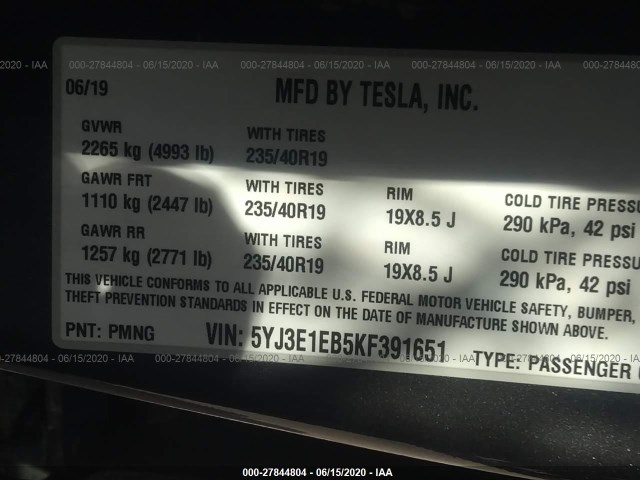 Photo 8 VIN: 5YJ3E1EB5KF391651 - TESLA MODEL 3 