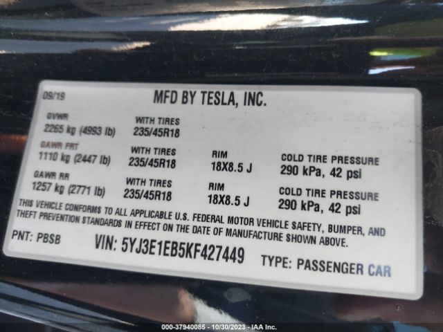 Photo 8 VIN: 5YJ3E1EB5KF427449 - TESLA MODEL 3 