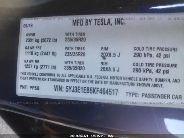 Photo 8 VIN: 5YJ3E1EB5KF464517 - TESLA MODEL 3 