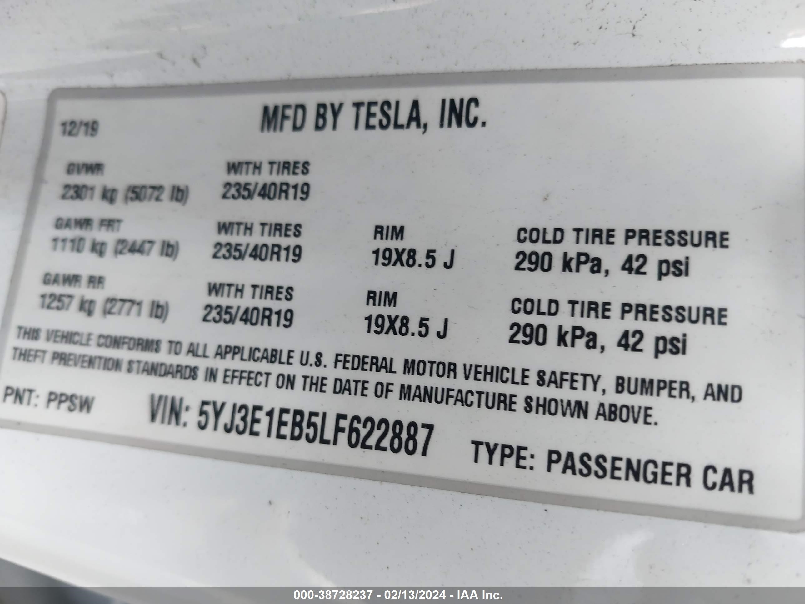 Photo 7 VIN: 5YJ3E1EB5LF622887 - TESLA MODEL 3 