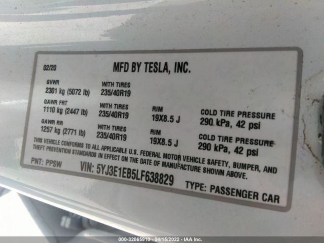 Photo 8 VIN: 5YJ3E1EB5LF638829 - TESLA MODEL 3 