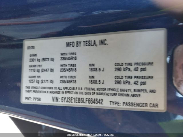 Photo 8 VIN: 5YJ3E1EB5LF664542 - TESLA MODEL 3 