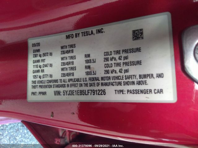 Photo 8 VIN: 5YJ3E1EB5LF791226 - TESLA MODEL 3 