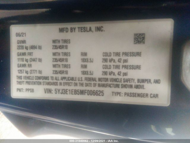 Photo 8 VIN: 5YJ3E1EB5MF006625 - TESLA MODEL 3 