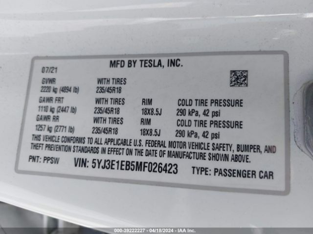 Photo 8 VIN: 5YJ3E1EB5MF026423 - TESLA MODEL 3 