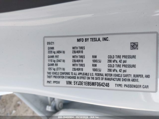 Photo 8 VIN: 5YJ3E1EB5MF064248 - TESLA MODEL 3 