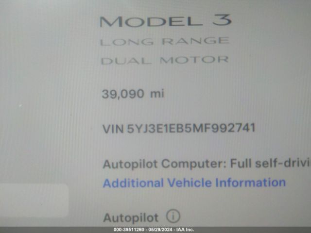 Photo 8 VIN: 5YJ3E1EB5MF992741 - TESLA MODEL 3 