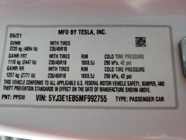 Photo 9 VIN: 5YJ3E1EB5MF992755 - TESLA MODEL 3 