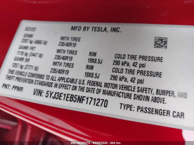 Photo 8 VIN: 5YJ3E1EB5NF171270 - TESLA MODEL 3 