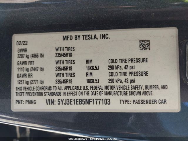 Photo 8 VIN: 5YJ3E1EB5NF177103 - TESLA MODEL 3 