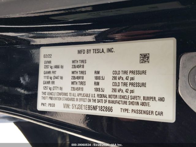 Photo 8 VIN: 5YJ3E1EB5NF182866 - TESLA MODEL 3 