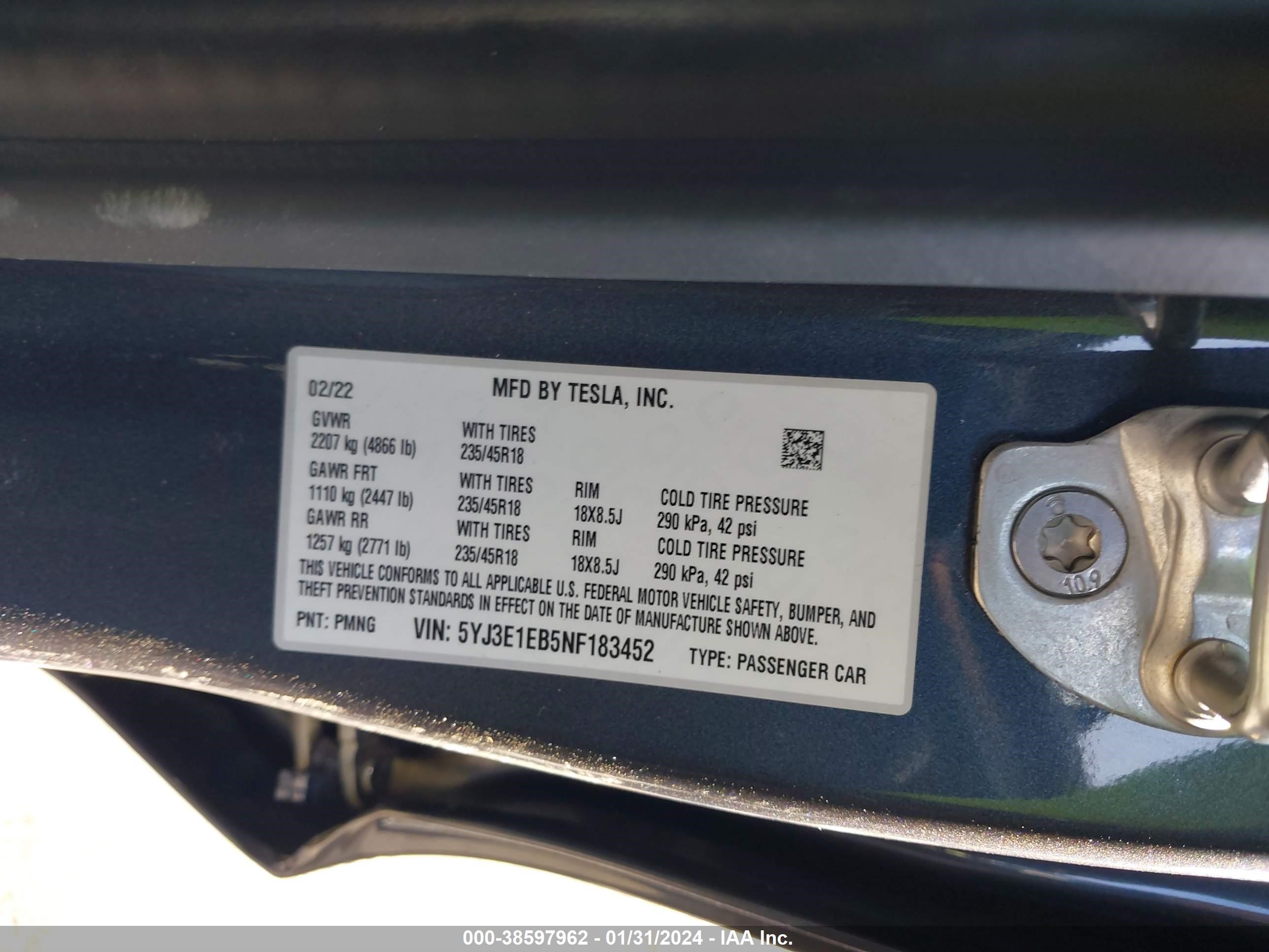 Photo 7 VIN: 5YJ3E1EB5NF183452 - TESLA MODEL 3 