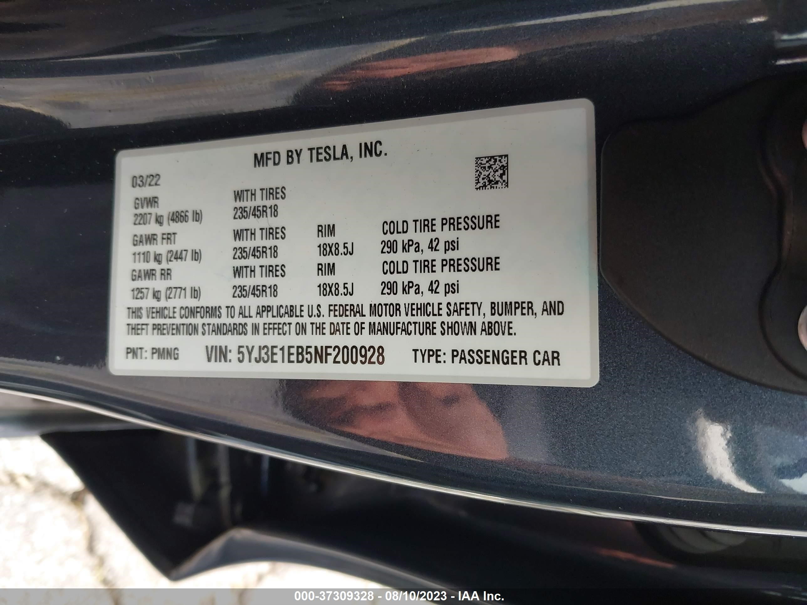 Photo 8 VIN: 5YJ3E1EB5NF200928 - TESLA MODEL 3 