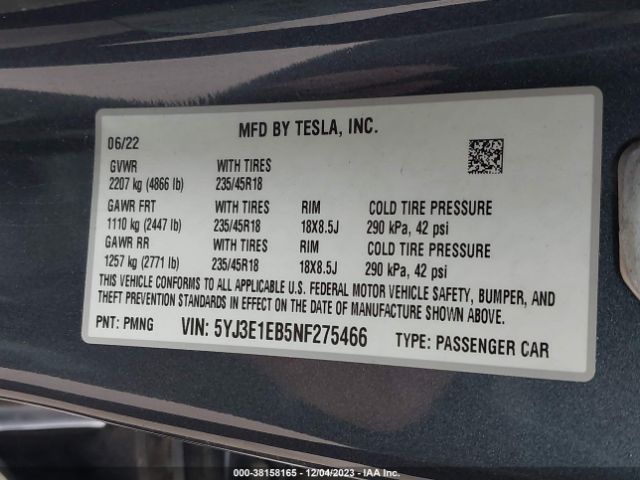 Photo 8 VIN: 5YJ3E1EB5NF275466 - TESLA MODEL 3 