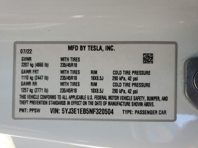 Photo 11 VIN: 5YJ3E1EB5NF320504 - TESLA MODEL 3 