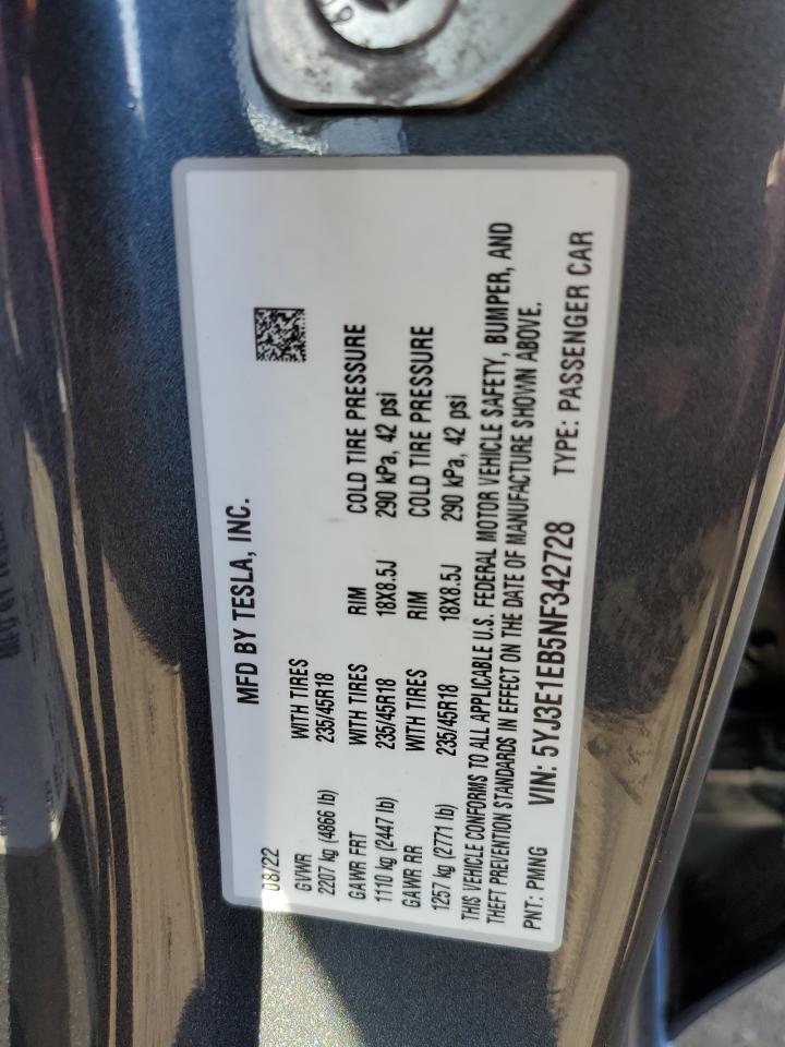 Photo 11 VIN: 5YJ3E1EB5NF342728 - TESLA MODEL 3 