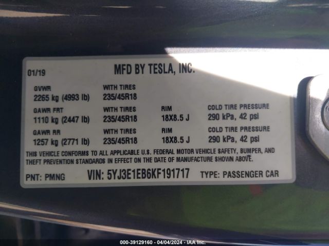 Photo 8 VIN: 5YJ3E1EB6KF191717 - TESLA MODEL 3 