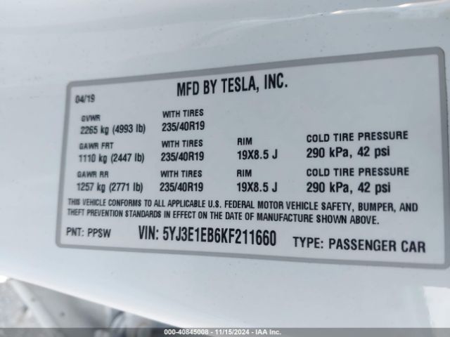 Photo 8 VIN: 5YJ3E1EB6KF211660 - TESLA MODEL 3 