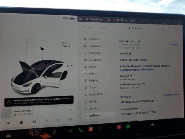 Photo 8 VIN: 5YJ3E1EB6KF361557 - TESLA MODEL 3 