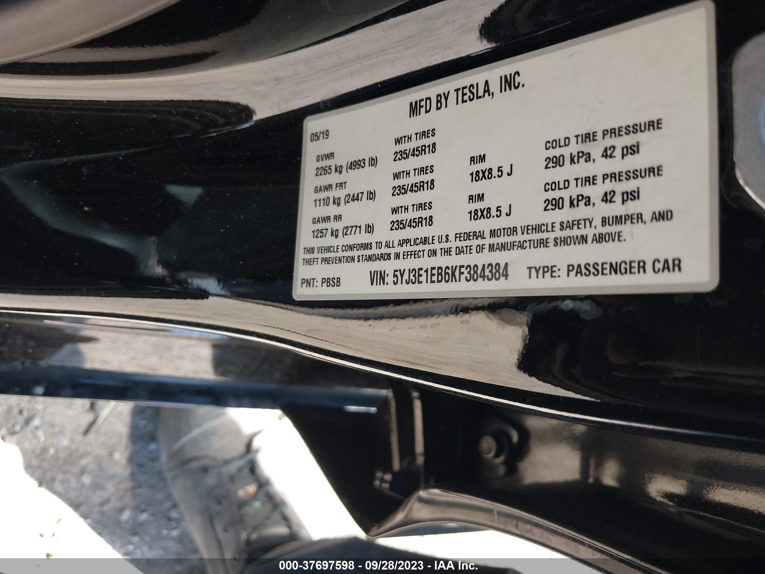 Photo 8 VIN: 5YJ3E1EB6KF384384 - TESLA MODEL 3 