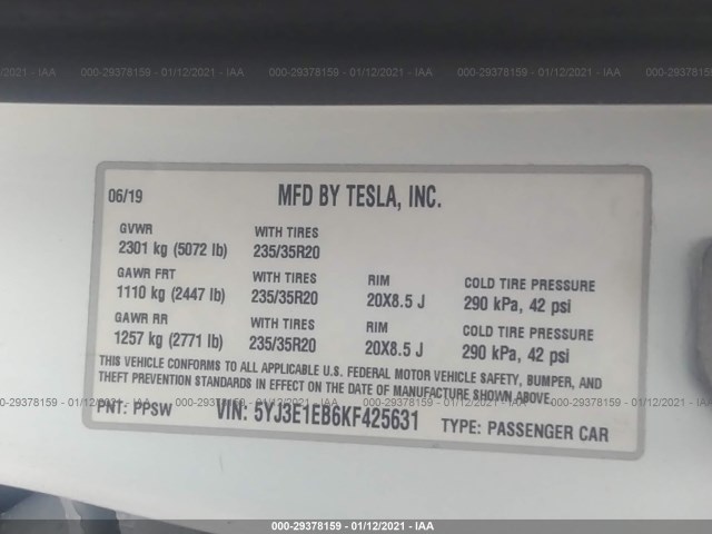 Photo 8 VIN: 5YJ3E1EB6KF425631 - TESLA MODEL 3 