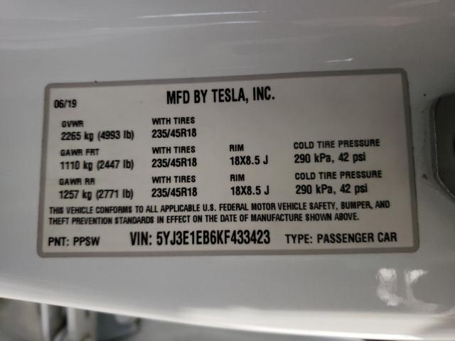 Photo 9 VIN: 5YJ3E1EB6KF433423 - TESLA MODEL 3 